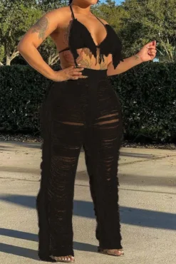 Solid Color Romantic Ripped Tassels Knitted Pant Suit Beachwear -Prettytina H22022319 BK 1