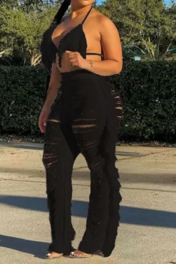 Solid Color Romantic Ripped Tassels Knitted Pant Suit Beachwear -Prettytina H22022319 BK 2
