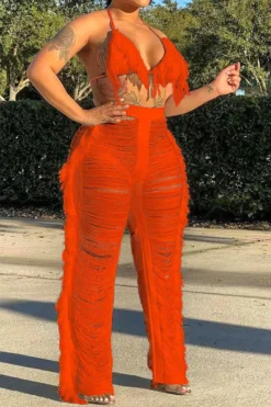 Solid Color Romantic Ripped Tassels Knitted Pant Suit Beachwear -Prettytina H22022319 OR 1