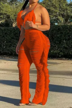 Solid Color Romantic Ripped Tassels Knitted Pant Suit Beachwear -Prettytina H22022319 OR 2