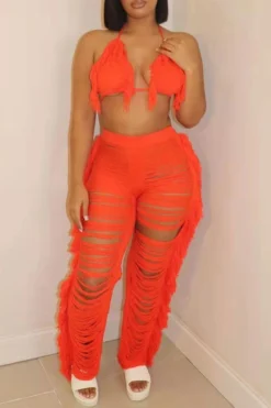 Solid Color Romantic Ripped Tassels Knitted Pant Suit Beachwear -Prettytina H22022319 OR 4