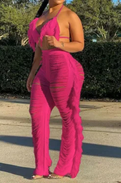 Solid Color Romantic Ripped Tassels Knitted Pant Suit Beachwear -Prettytina H22022319 RR 1