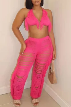 Solid Color Romantic Ripped Tassels Knitted Pant Suit Beachwear -Prettytina H22022319 RR 3