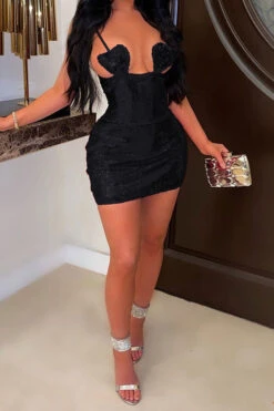 Sequined Spaghetti Strap Party Mini Dress -Prettytina H22030237 BK 1