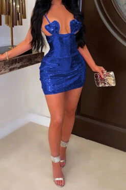 Sequined Spaghetti Strap Party Mini Dress -Prettytina H22030237 BL 1