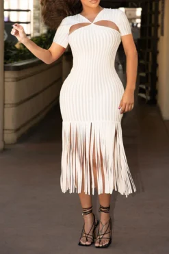 Solid Color Cutout Chic Tassels Midi Dress -Prettytina H22030243 WH 1