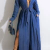 Denim Shirt Collar Feminine Button Down Belted Maxi Dress