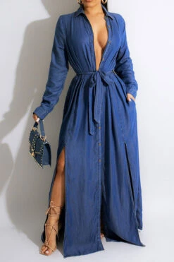 Denim Shirt Collar Feminine Button Down Belted Maxi Dress