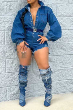 Denim Bowknot Stunning Puff Sleeve Romper