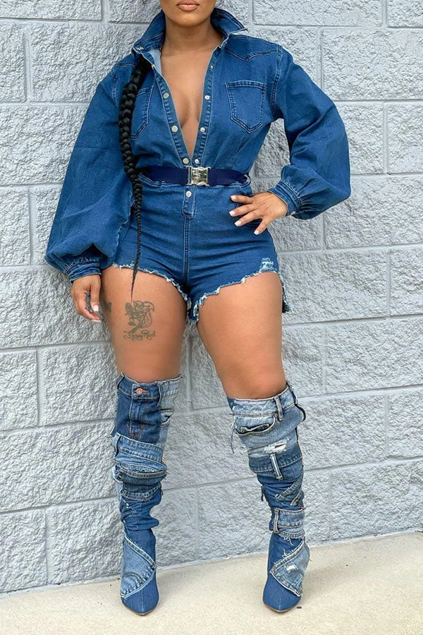 Denim Bowknot Stunning Puff Sleeve Romper 4 Denim Bowknot Stunning Puff Sleeve Romper - Image 4