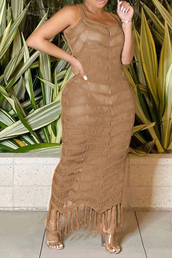 Solid Color Sophisticated Jacquard Knitted Tassels Maxi Dress Beachwear 7 Solid Color Sophisticated Jacquard Knitted Tassels Maxi Dress Beachwear - Image 7