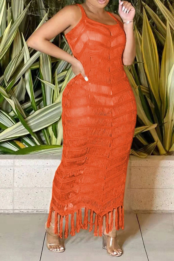 Solid Color Sophisticated Jacquard Knitted Tassels Maxi Dress Beachwear 1 Solid Color Sophisticated Jacquard Knitted Tassels Maxi Dress Beachwear