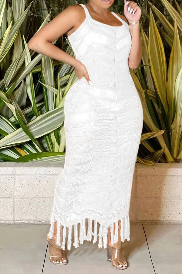 Solid Color Sophisticated Jacquard Knitted Tassels Maxi Dress Beachwear 13 Solid Color Sophisticated Jacquard Knitted Tassels Maxi Dress Beachwear - Image 13