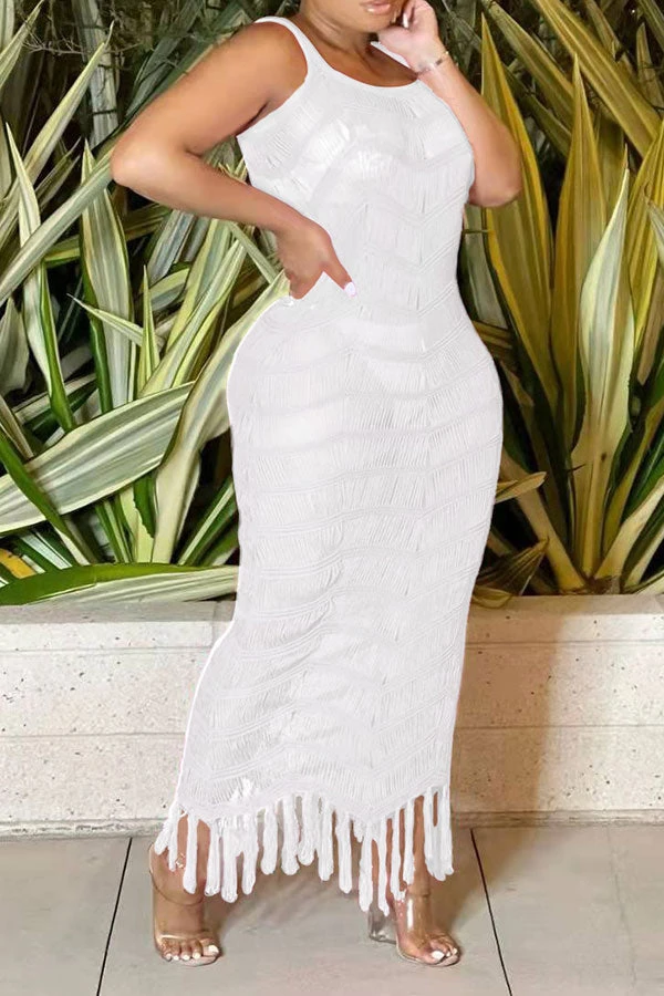 Solid Color Sophisticated Jacquard Knitted Tassels Maxi Dress Beachwear 14 Solid Color Sophisticated Jacquard Knitted Tassels Maxi Dress Beachwear - Image 14