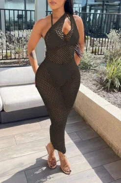Solid Color Casual Fishnet See-Through Maxi Dress Beachwear -Prettytina H22030834 BK 2