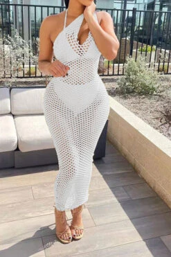 Solid Color Casual Fishnet See-Through Maxi Dress Beachwear -Prettytina H22030834 BK 4