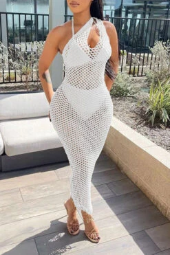 Solid Color Casual Fishnet See-Through Maxi Dress Beachwear -Prettytina H22030834 BK 5