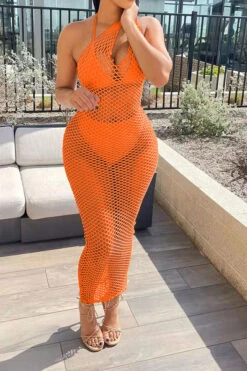 Solid Color Casual Fishnet See-Through Maxi Dress Beachwear -Prettytina H22030834 OR 1