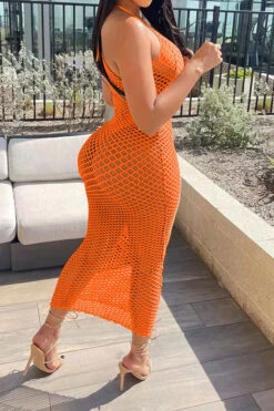 Solid Color Casual Fishnet See-Through Maxi Dress Beachwear -Prettytina H22030834 OR 3
