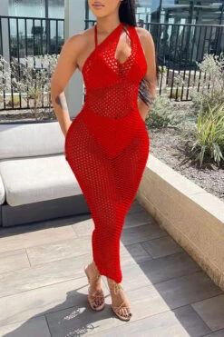 Solid Color Casual Fishnet See-Through Maxi Dress Beachwear -Prettytina H22030834 RE 2
