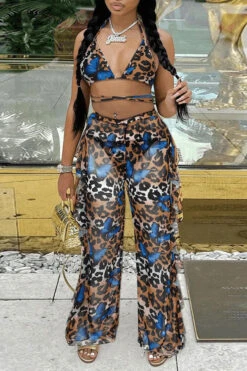 Leopard & Butterfly Print Pretty Ruffle Three Pieces