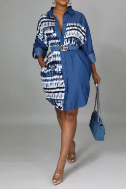 Tie Dye Patchwork Feminine Denim Mini Dress -Prettytina H22031058 BL 1