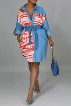 Tie Dye Patchwork Feminine Denim Mini Dress