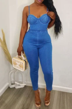 Blue Classic Cutout Denim Jumpsuit