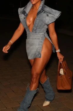 Denim Unique Button Design High Split Dress Suit -Prettytina H22050318 RT 1 98d1d82d 4ce6 4667 b0e3 8f258f543990