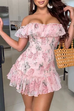 Floral Print Strap Shirred Sweet Off Shoulder Ruffle Mini Dress