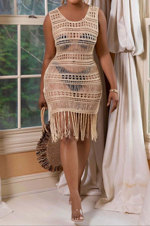 Solid Color Crochet Cutout Sophisticated Tassel Beachwear 5 Solid Color Crochet Cutout Sophisticated Tassel Beachwear - Image 5