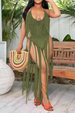 Solid Color Backless Romantic Crochet Cutout Tassel Beachwear -Prettytina H22050361 AG 1