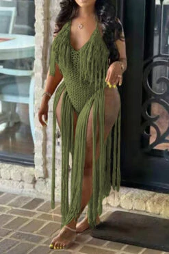 Solid Color Backless Romantic Crochet Cutout Tassel Beachwear -Prettytina H22050361 AG 3