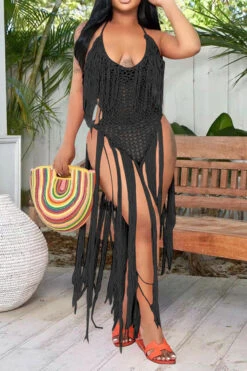 Solid Color Backless Romantic Crochet Cutout Tassel Beachwear -Prettytina H22050361 BK 1