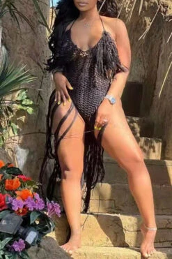 Solid Color Backless Romantic Crochet Cutout Tassel Beachwear -Prettytina H22050361 BK 2