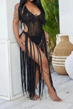 Solid Color Backless Romantic Crochet Cutout Tassel Beachwear -Prettytina H22050361 BK 4