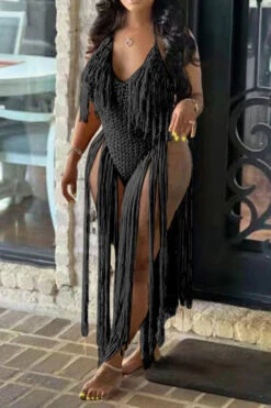 Solid Color Backless Romantic Crochet Cutout Tassel Beachwear -Prettytina H22050361 BK 5