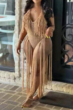 Solid Color Backless Romantic Crochet Cutout Tassel Beachwear -Prettytina H22050361 KH 1
