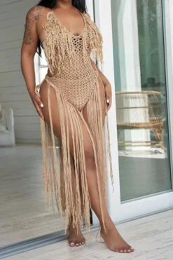 Solid Color Backless Romantic Crochet Cutout Tassel Beachwear -Prettytina H22050361 KH 2
