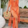 Solid Color Backless Romantic Crochet Cutout Tassel Beachwear