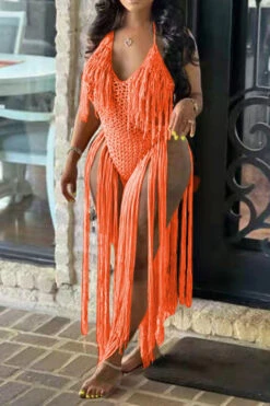Solid Color Backless Romantic Crochet Cutout Tassel Beachwear -Prettytina H22050361 OR 3