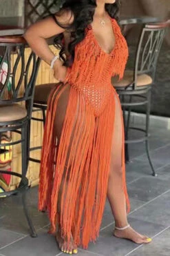 Solid Color Backless Romantic Crochet Cutout Tassel Beachwear -Prettytina H22050361 OR 4