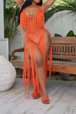 Solid Color Backless Romantic Crochet Cutout Tassel Beachwear -Prettytina H22050361 OR 5