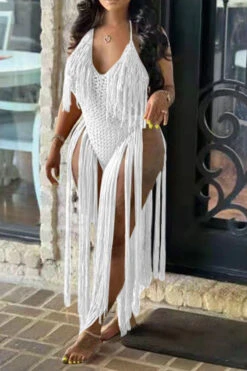 Solid Color Backless Romantic Crochet Cutout Tassel Beachwear -Prettytina H22050361 WH 1
