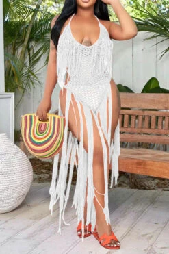 Solid Color Backless Romantic Crochet Cutout Tassel Beachwear -Prettytina H22050361 WH 2
