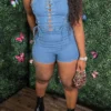 Solid Color On-trend Eyelets Strappy Denim Romper