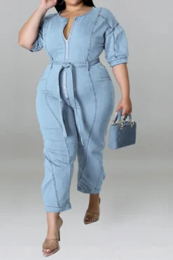 Solid Color Casual Zipper Denim Jumpsuit With Belt -Prettytina H22051108 LB 1
