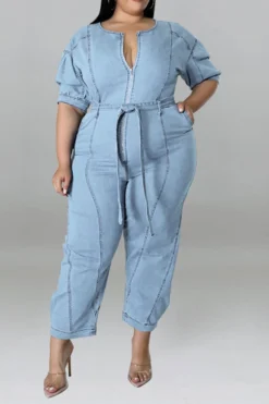 Solid Color Casual Zipper Denim Jumpsuit With Belt