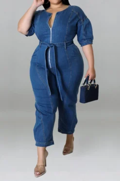 Solid Color Casual Zipper Denim Jumpsuit With Belt -Prettytina H22051108 NB 1