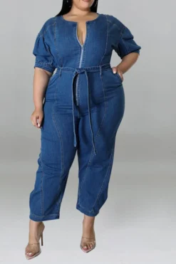 Solid Color Casual Zipper Denim Jumpsuit With Belt -Prettytina H22051108 NB 2